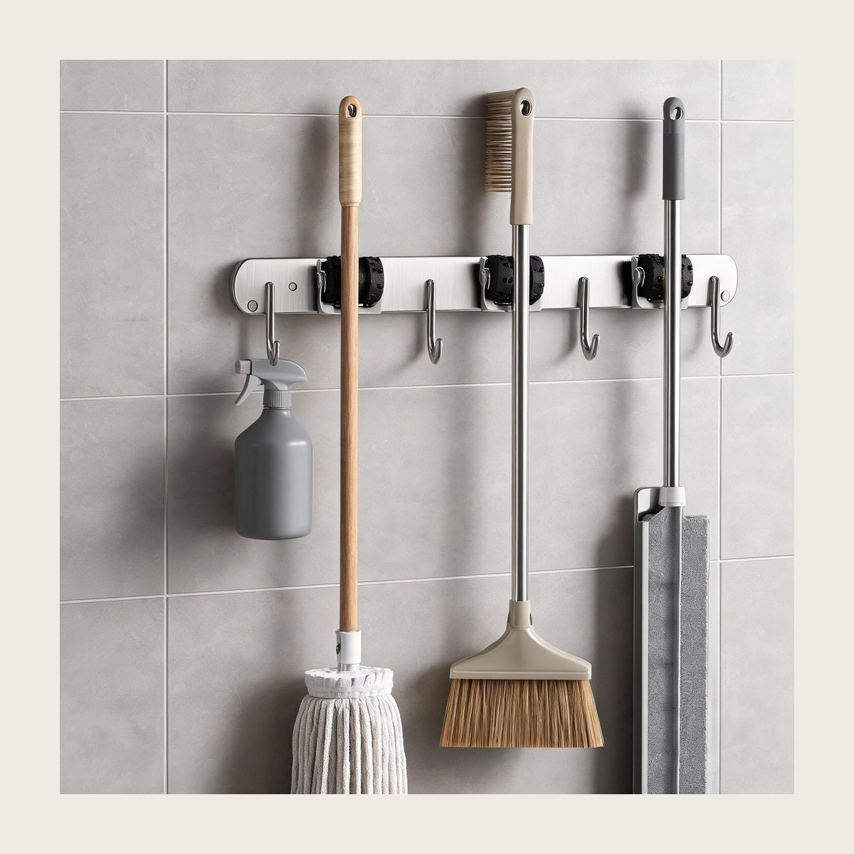 Stainless steel wall mounted mop and broom holder with three cleaning tools on a tiled utility wall