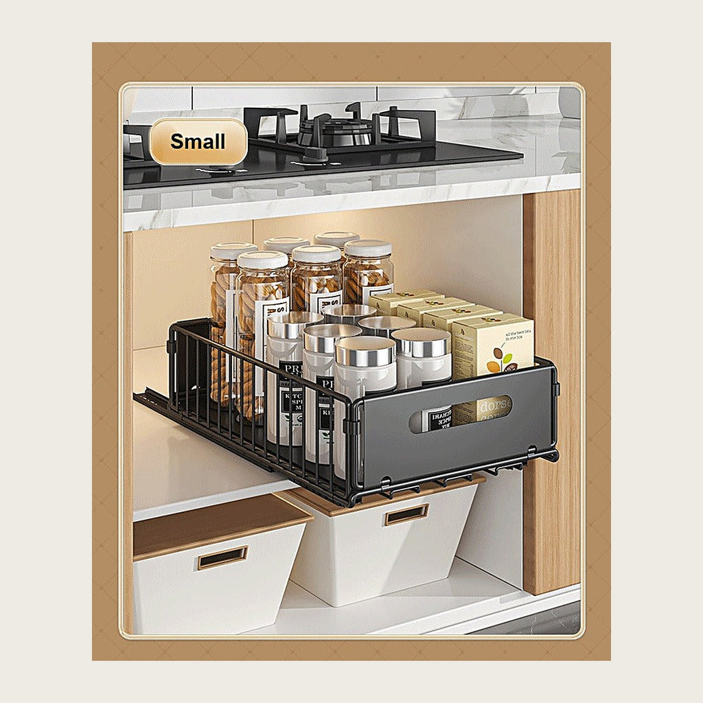 Small sliding basket pulled out for compact cabinets