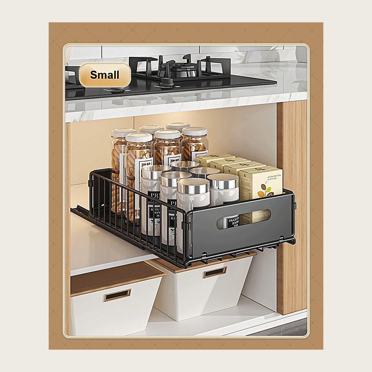 Small sliding basket pulled out for compact cabinets