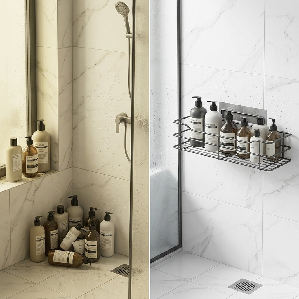 Before cluttered shower shelf vs after organized with stainless caddy