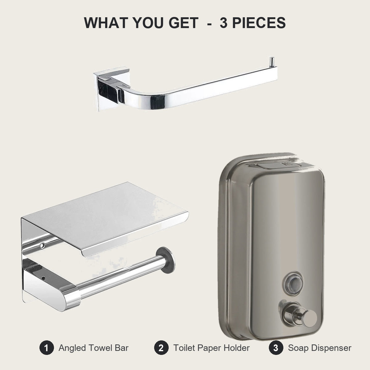 What is included in the 3-piece bathroom set - towel bar, toilet paper holder and soap dispenser