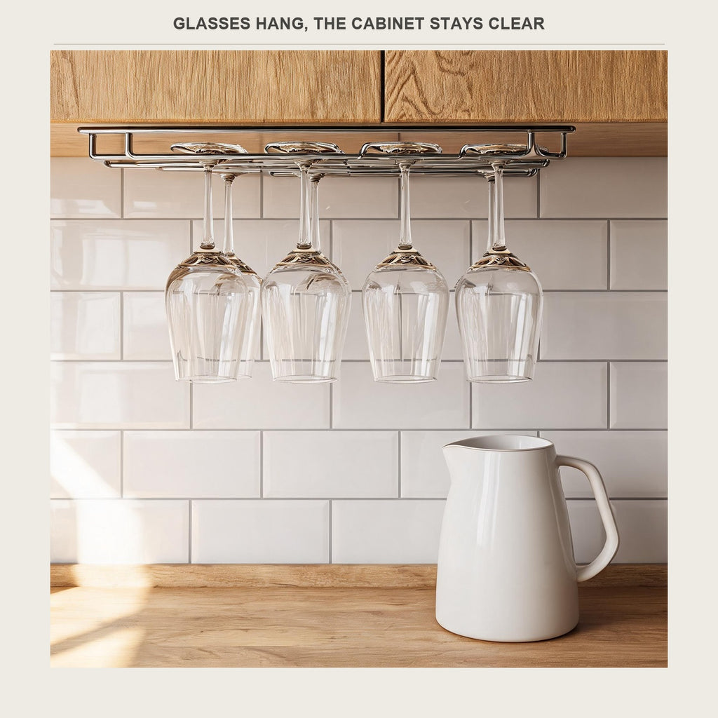 Under cabinet wine glass rack holding four hanging glasses