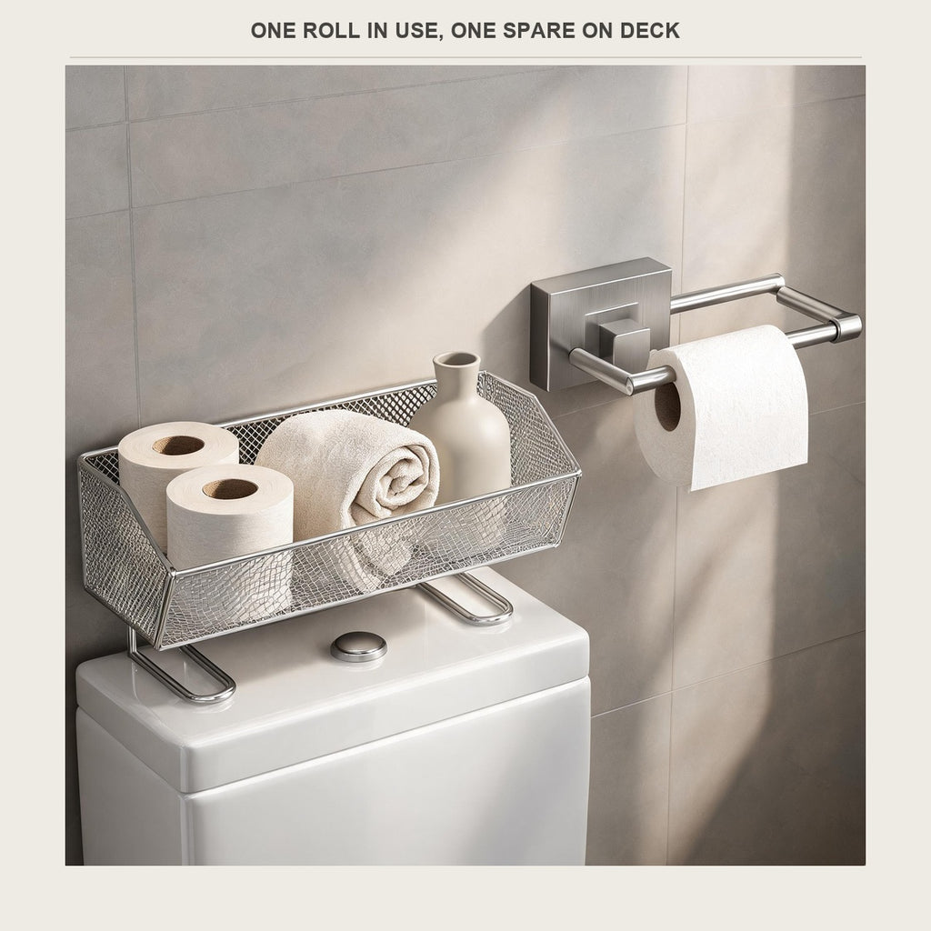 Double roll paper holder with one roll in use and one spare