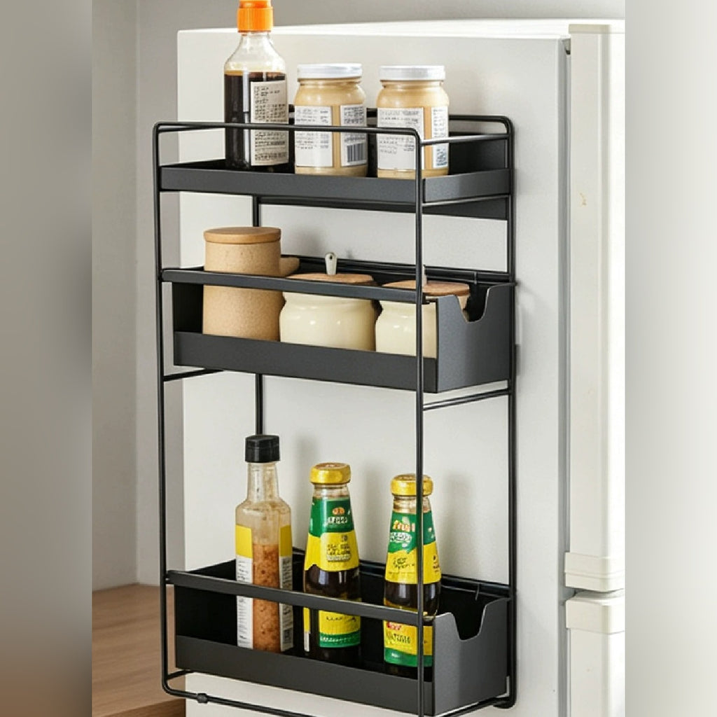 OkaNest Black - 3 tier pull-out basket rack on fridge door, holds bottles and jars