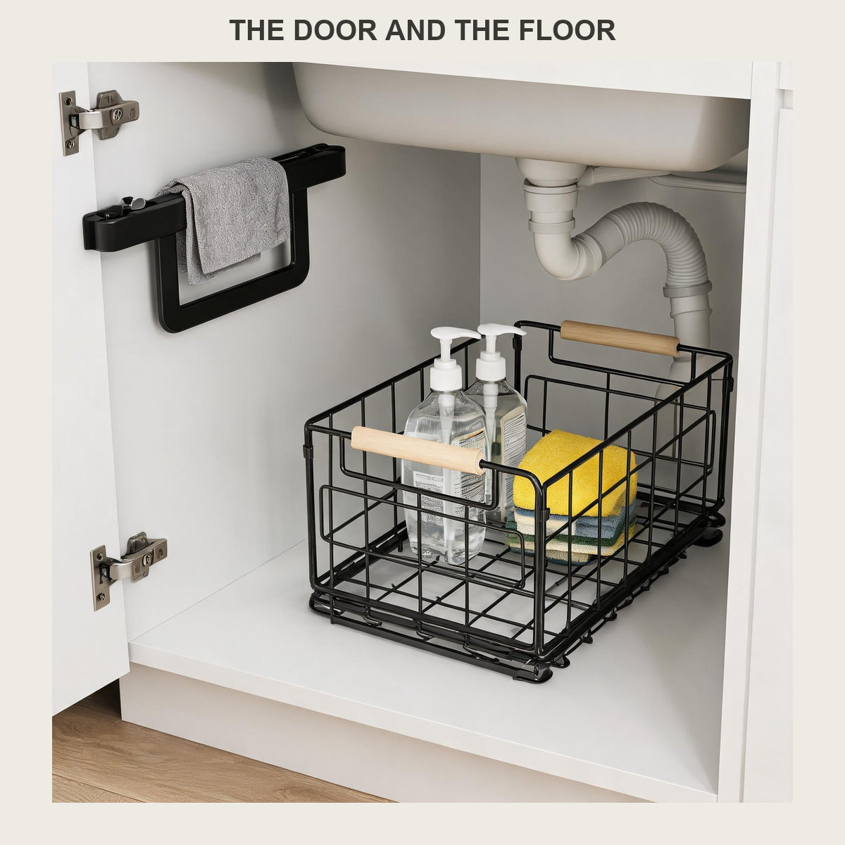 2-piece under-sink cabinet set - over-door towel rack with a steel wire pull-out basket