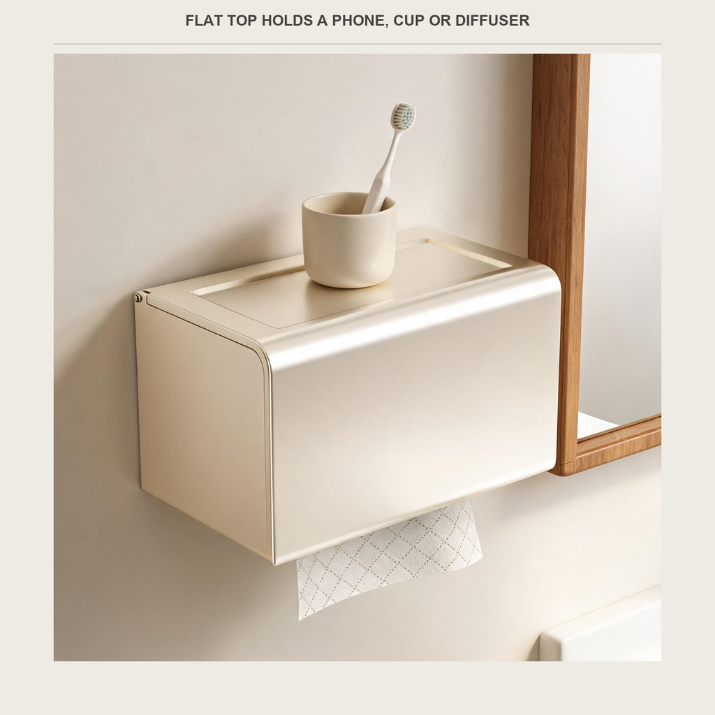 Flat top shelf of the tissue box holding a phone and a cup