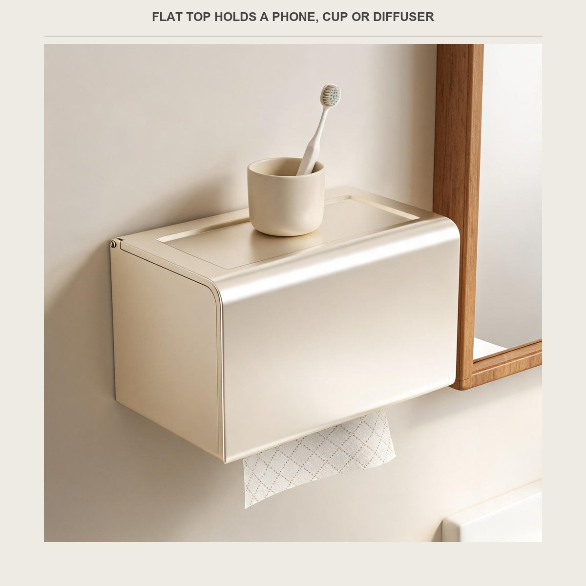 Flat top shelf of the tissue box holding a phone and a cup