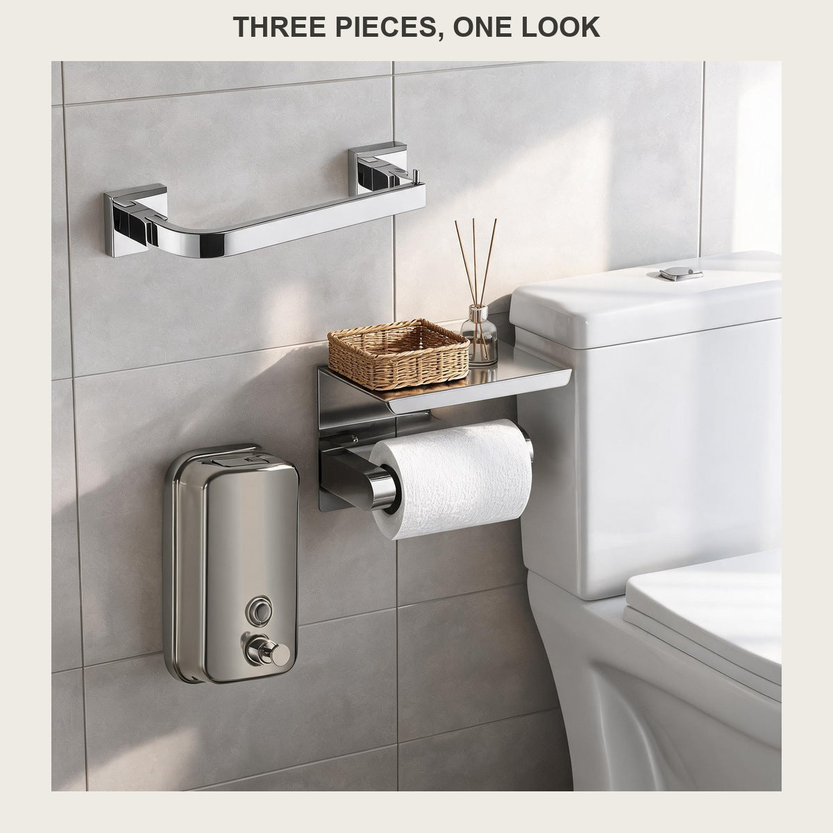 Brushed steel toilet paper holder with its flat top shelf mounted beside a white toilet