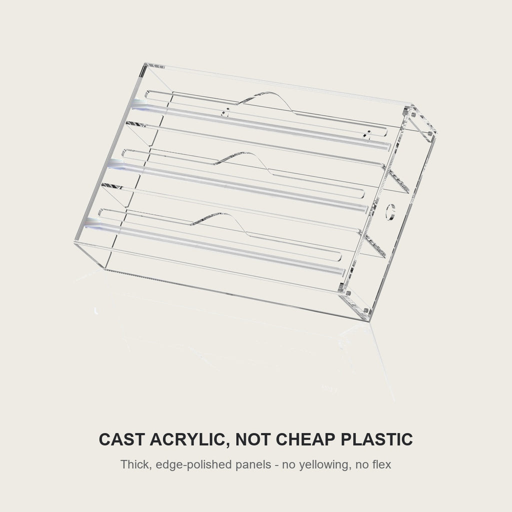 Cast acrylic panels of the clear wrap organizer, edge polished