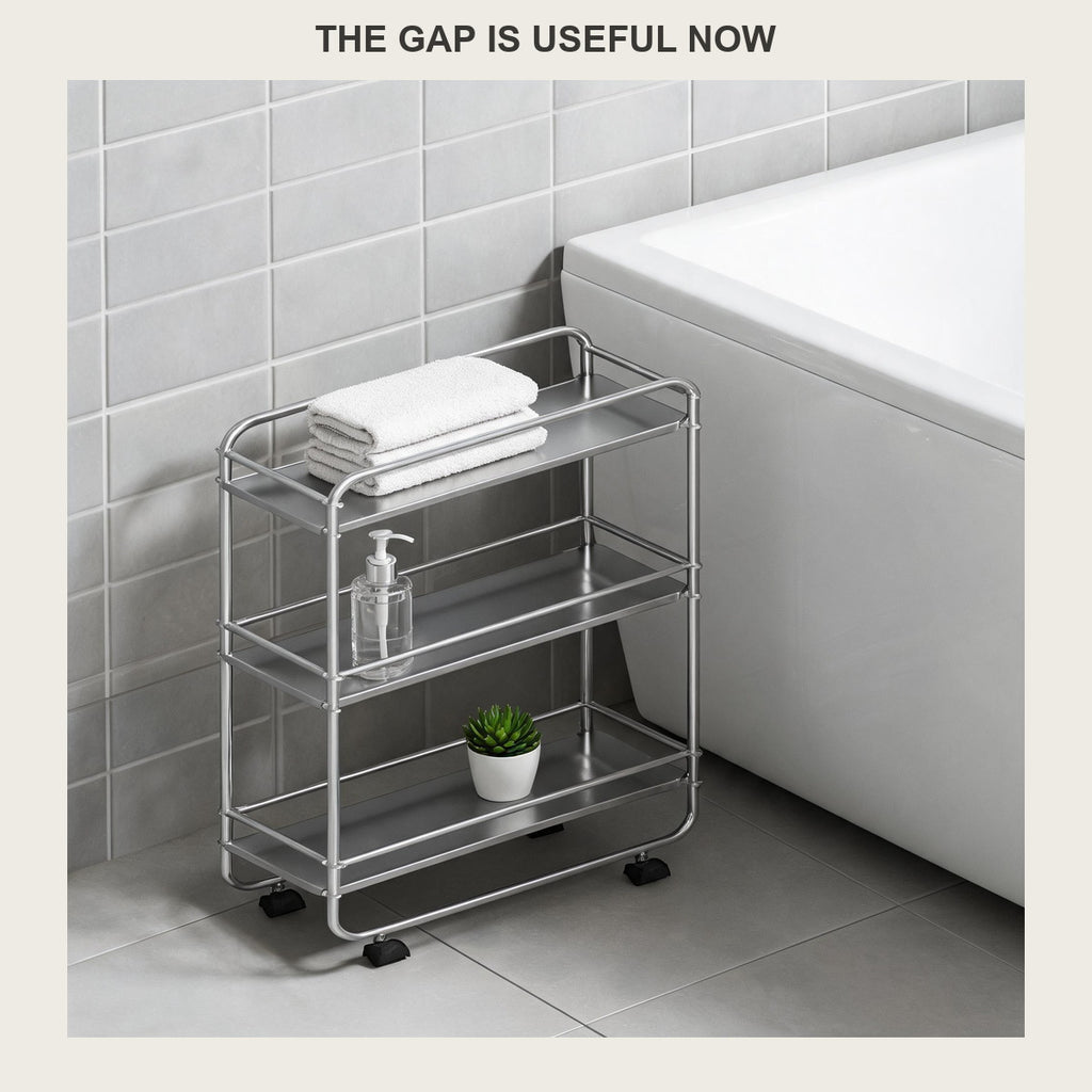 Slim three-tier rolling cart beside a white bathtub holding towels and a bottle of body wash