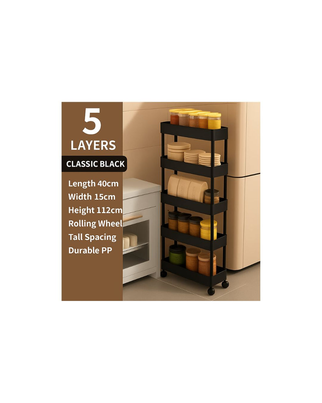 Narrow Slim Storage Cart with Wheels - 3/4/5 Tier Rolling Kitchen Organizer for Tight Spaces, Bathroom & Laundry