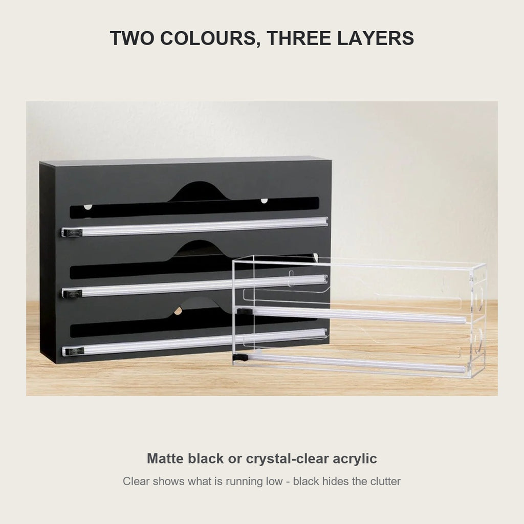 Matte black and clear acrylic versions of the 3-layer wrap organizer side by side