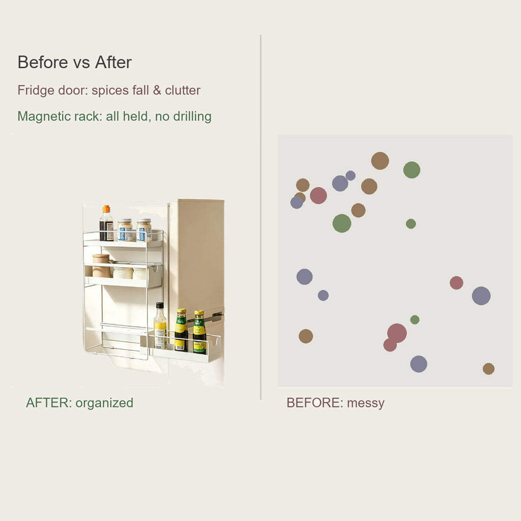OkaNest Comparison - cluttered vs organized fridge door