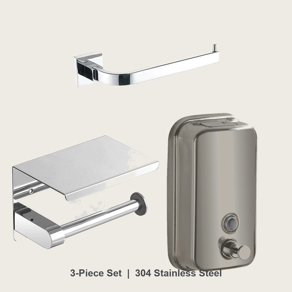 3-piece bathroom hardware set in 304 stainless steel - towel bar, toilet paper holder and soap dispenser