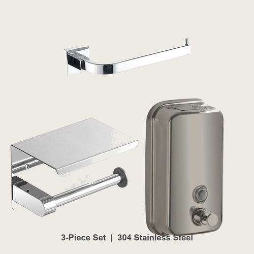 3-piece bathroom hardware set in 304 stainless steel - towel bar, toilet paper holder and soap dispenser