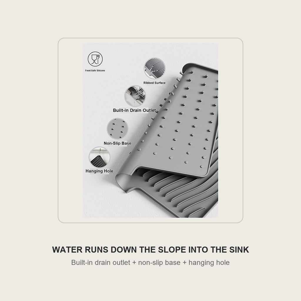 Silicone dish drying mat with a built-in drain outlet, non-slip base and hanging hole
