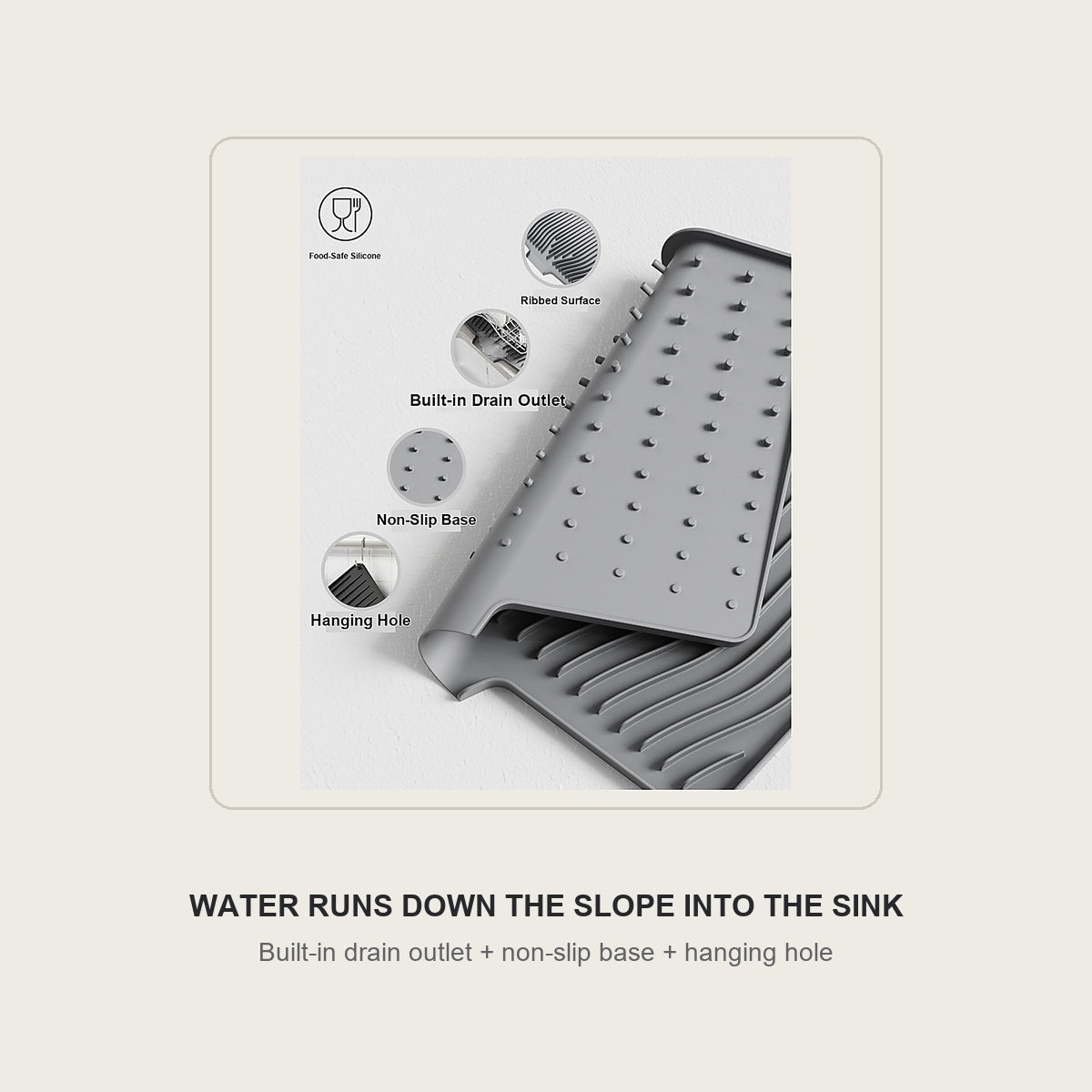 Silicone dish drying mat with a built-in drain outlet, non-slip base and hanging hole