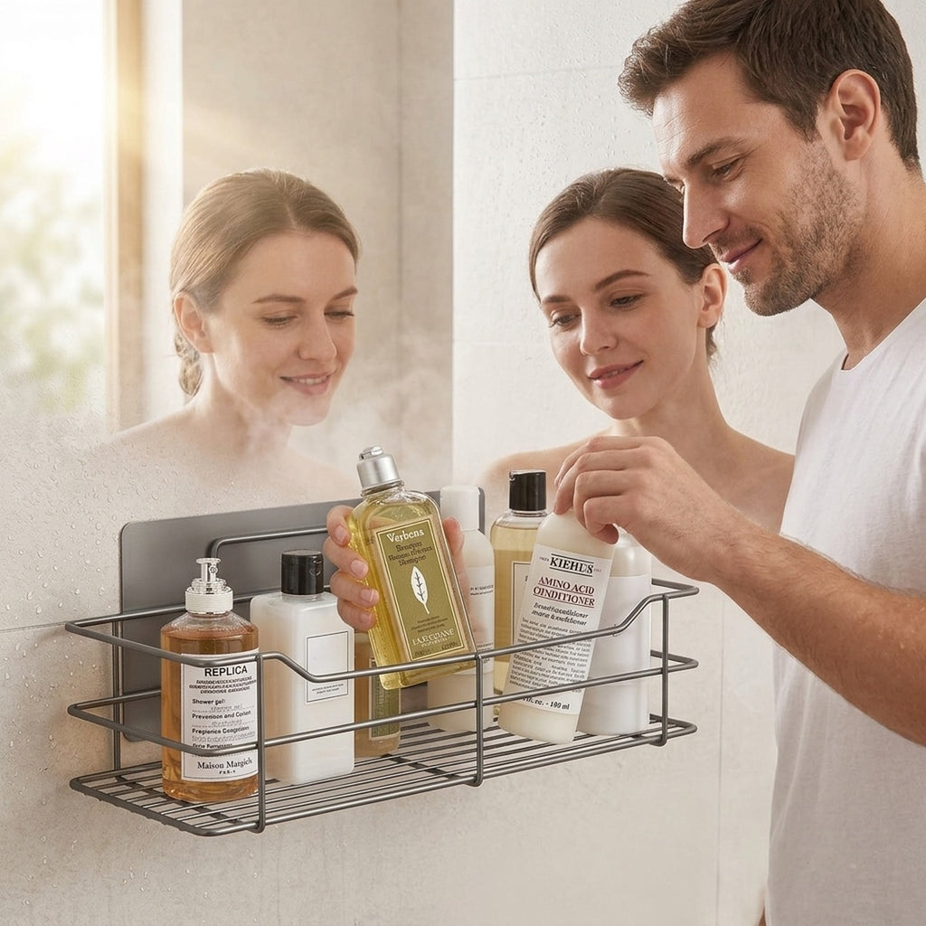 Couple organizing shower essentials with a no-drill stainless caddy