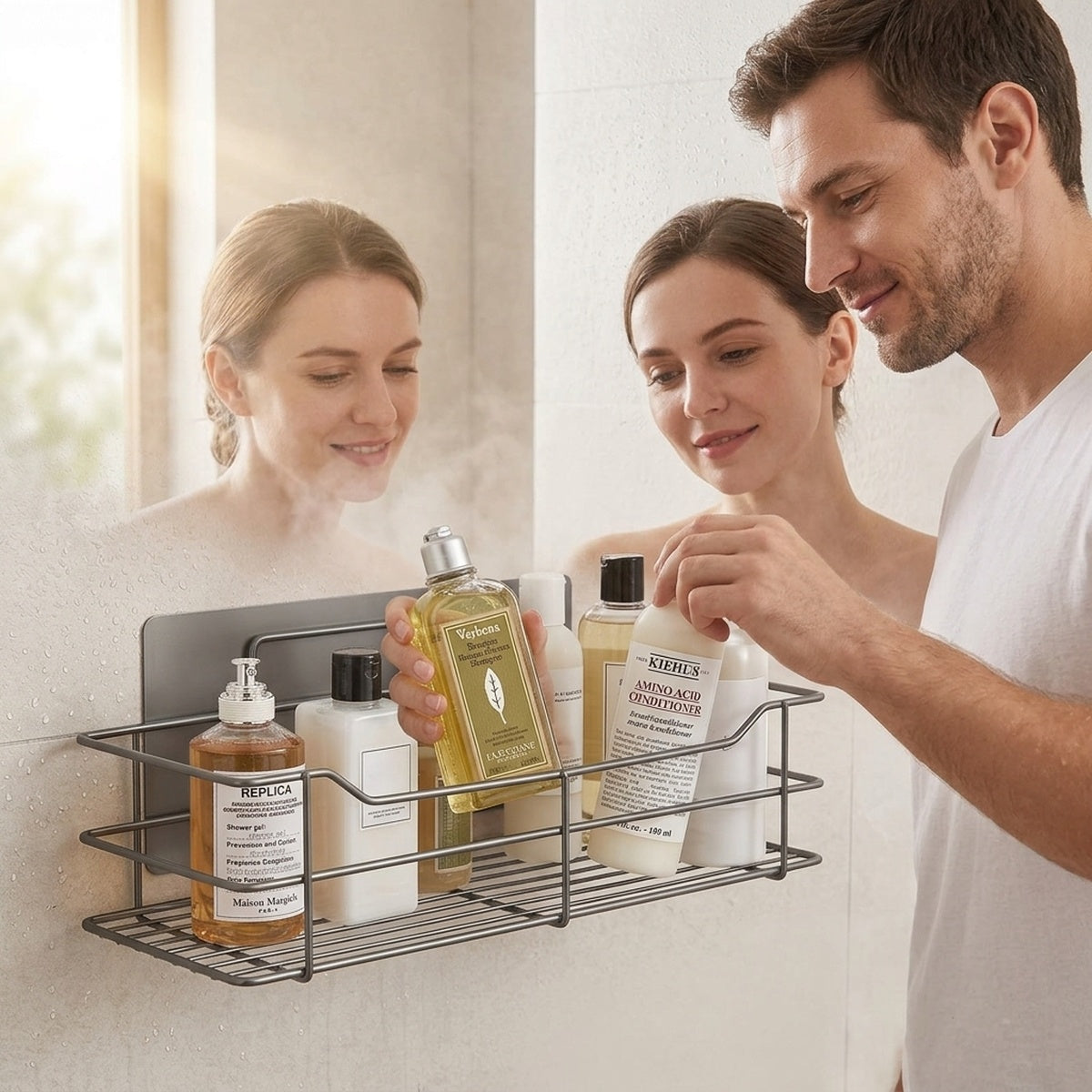 Couple organizing shower essentials with a no-drill stainless caddy