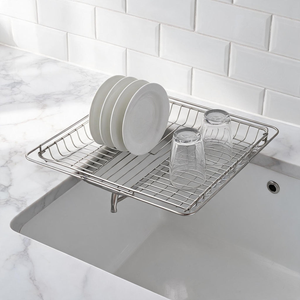 Narrow Stainless Steel Dish Drying Rack with Drain Spout That Empties Into Your Sink