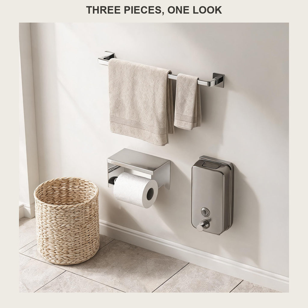 Slim brushed steel towel bar on a white wall holding a large bath towel and a hand towel