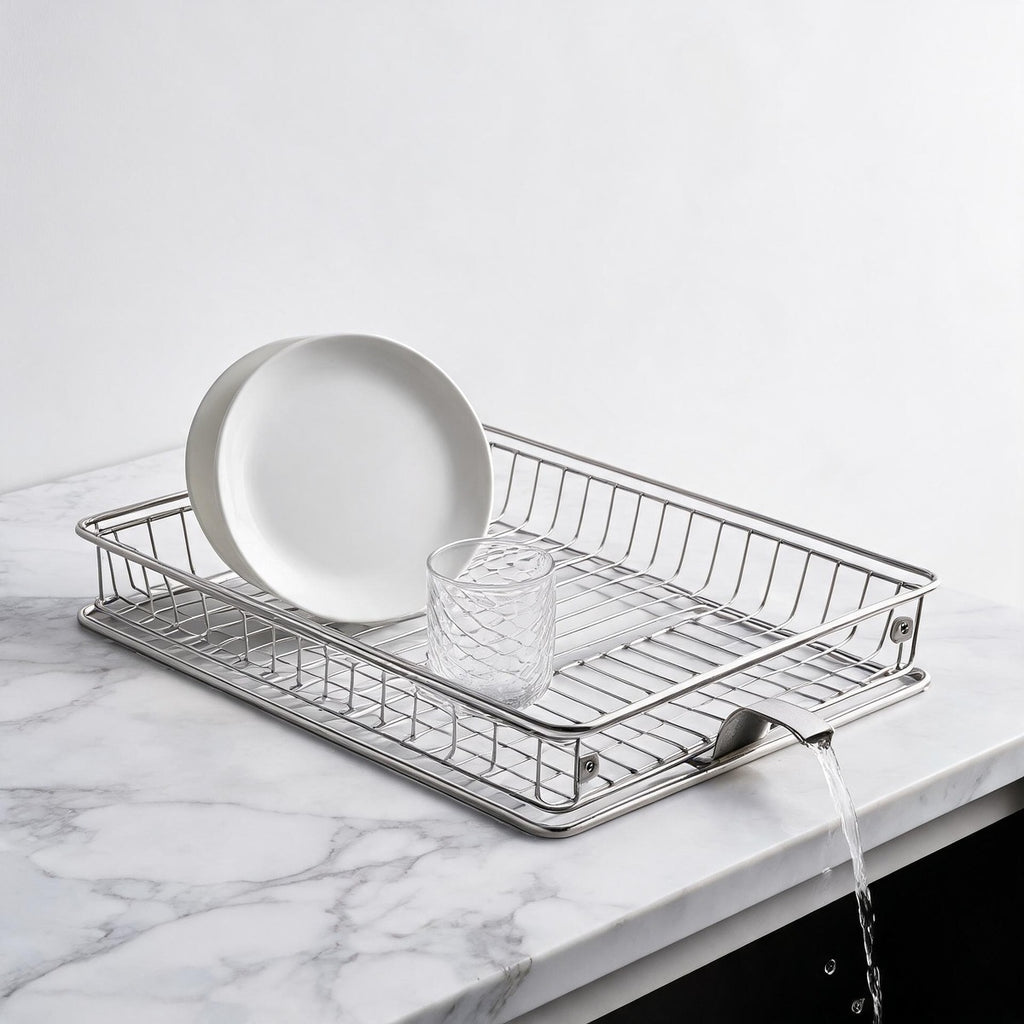 Narrow Stainless Steel Dish Drying Rack with Drain Spout That Empties Into Your Sink