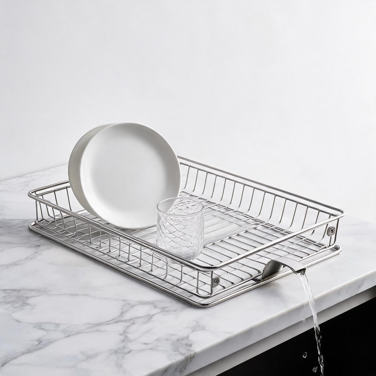 Narrow Stainless Steel Dish Drying Rack with Drain Spout That Empties Into Your Sink