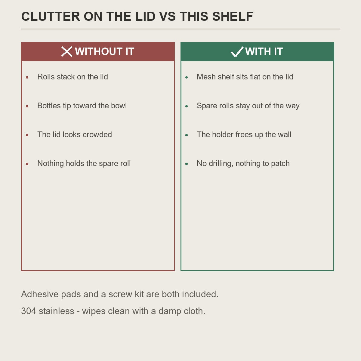 Over-the-Toilet shelf and holder before and after comparison
