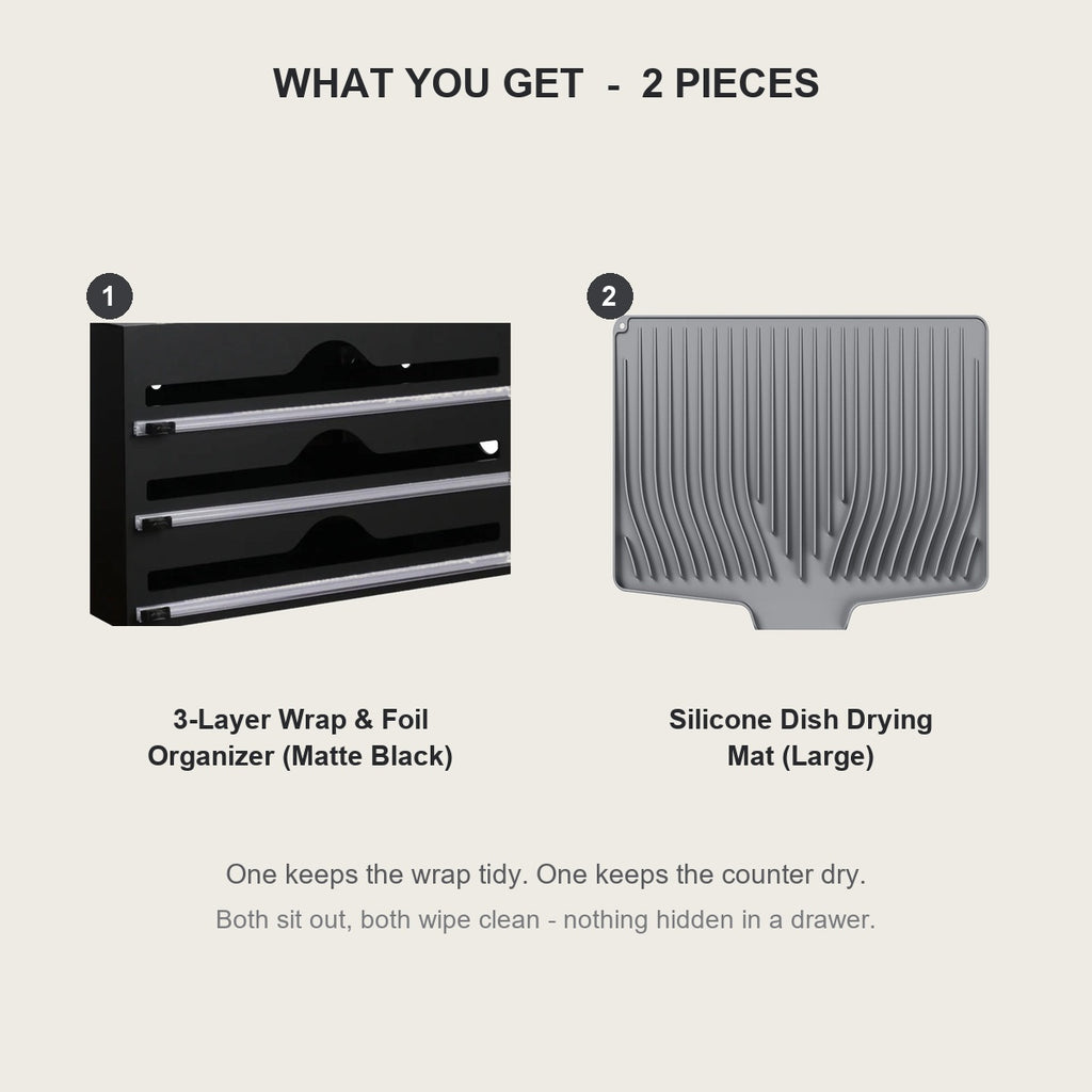 What you get - 3-layer wrap and foil organizer plus a large silicone dish drying mat