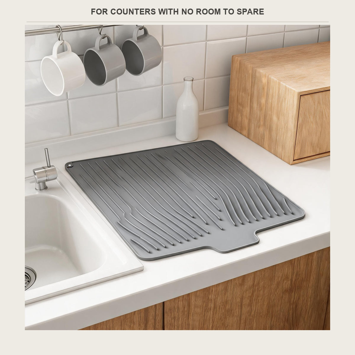 Dish drying mat on a small kitchen counter