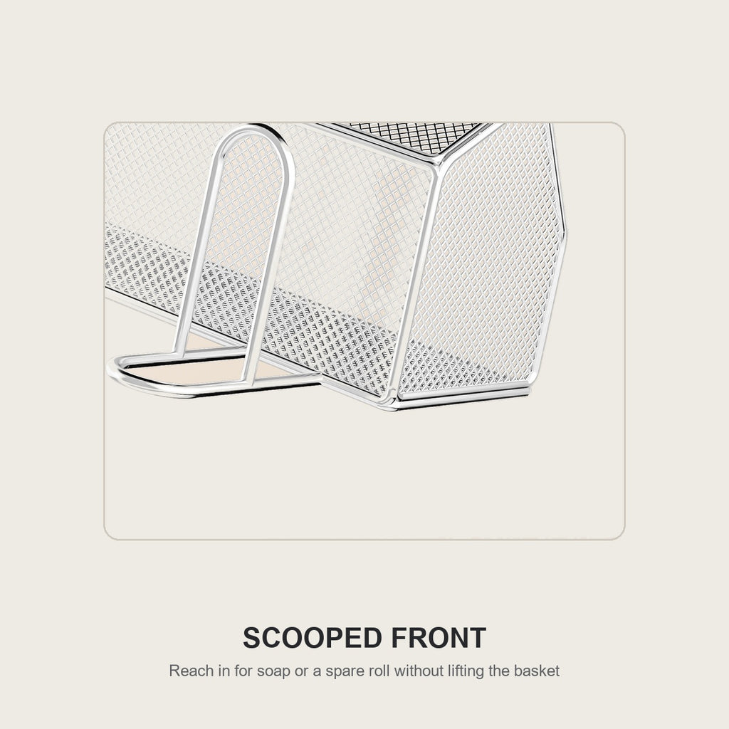 Scooped front of the over-the-toilet basket for easy reach