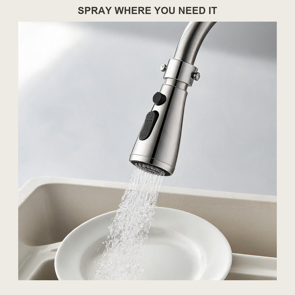 Hand holding the chrome 3-mode faucet sprayer head, showing its 720-degree rotation
