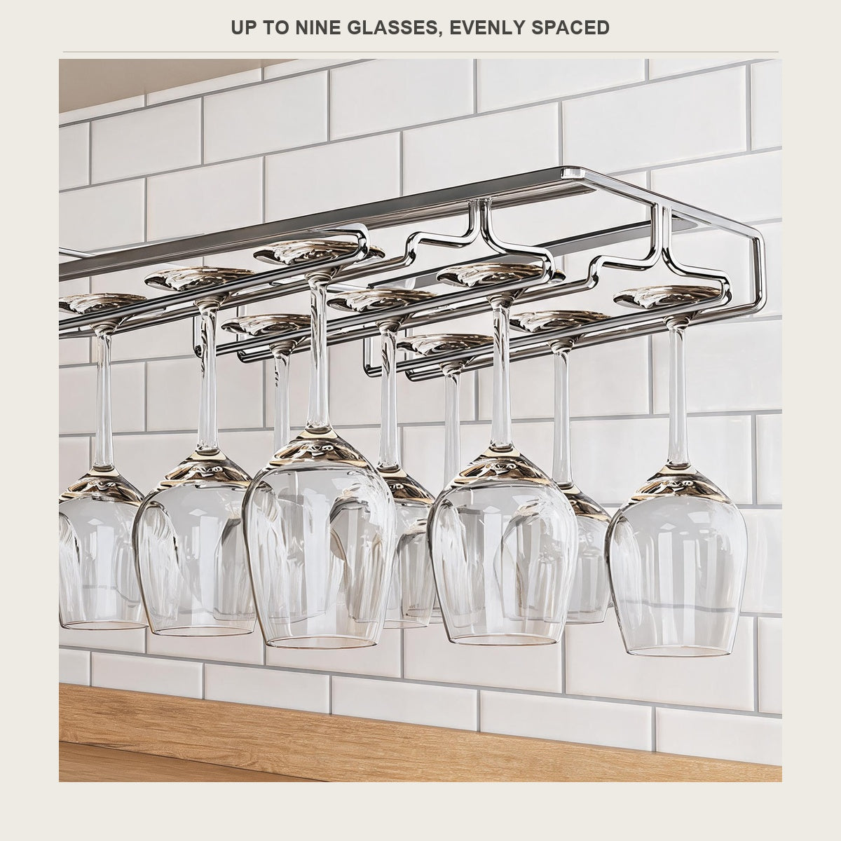 Glass rack holding nine glasses evenly spaced