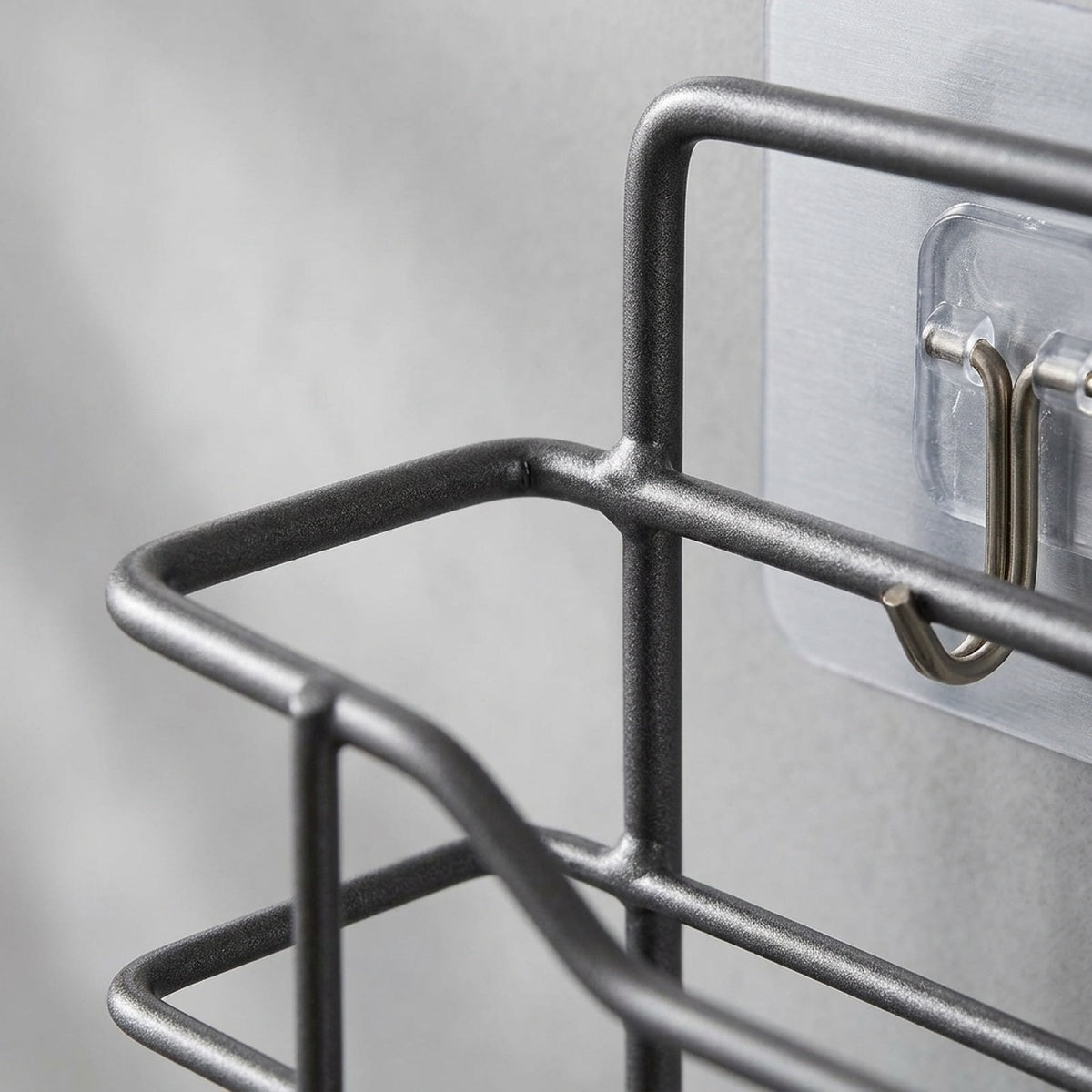 Shower caddy detail view, sealed gun-grey finish