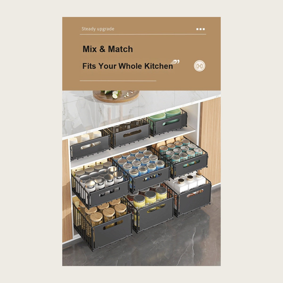 Mix and match modular sliding baskets for whole kitchen