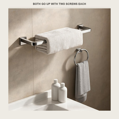 Towel bar and matching ring on a tiled wall
