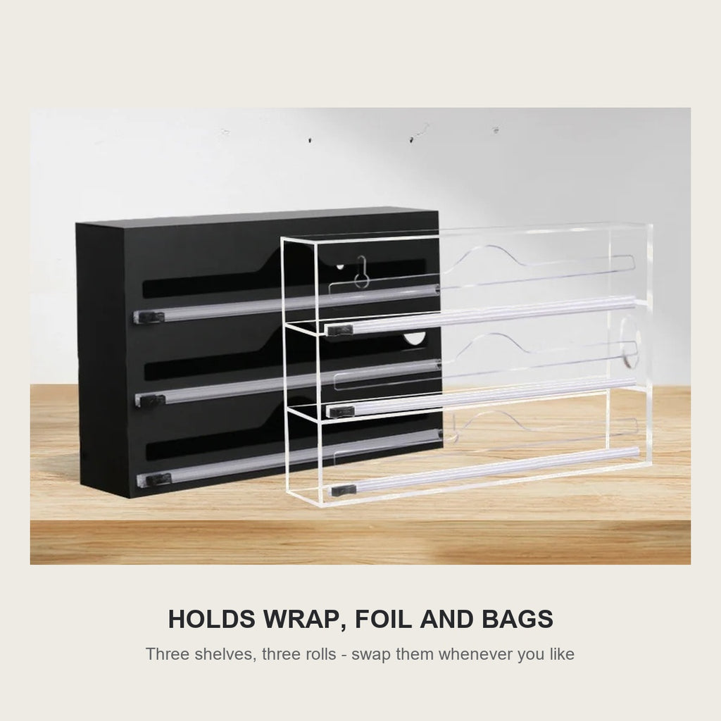 The organizer holds wrap, foil and bags - three shelves, three rolls