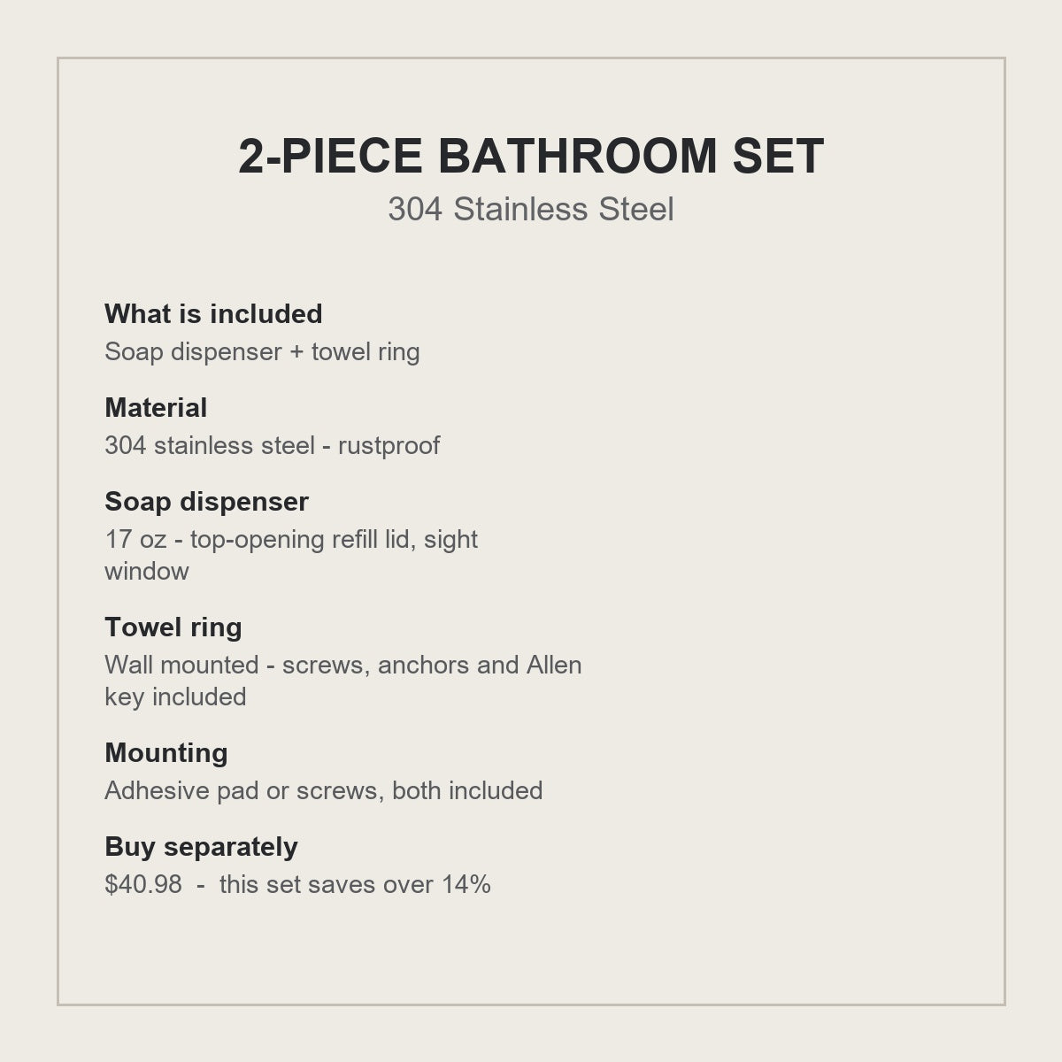 2-piece bathroom set specifications - 304 stainless steel, rustproof