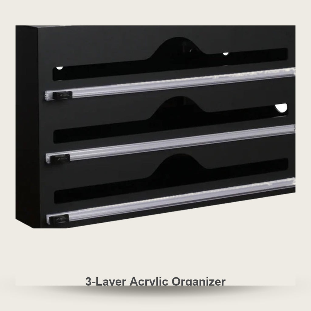 3-layer acrylic wrap and foil organizer in matte black, wall mount or countertop