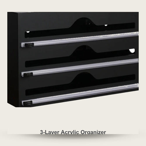 3-layer acrylic wrap and foil organizer in matte black, wall mount or countertop