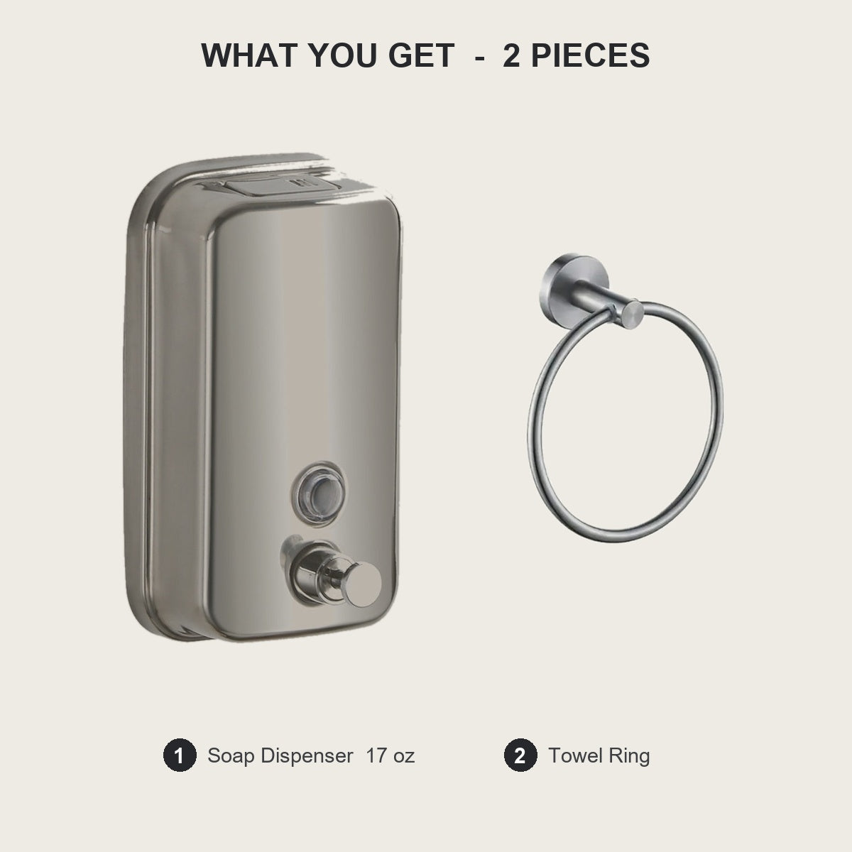 What is included in the 2-piece bathroom set - soap dispenser and towel ring