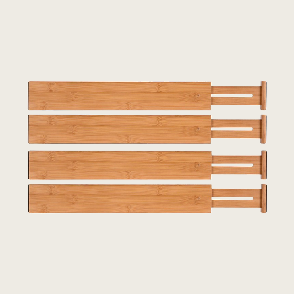 Four bamboo expandable drawer dividers with spring loaded ends