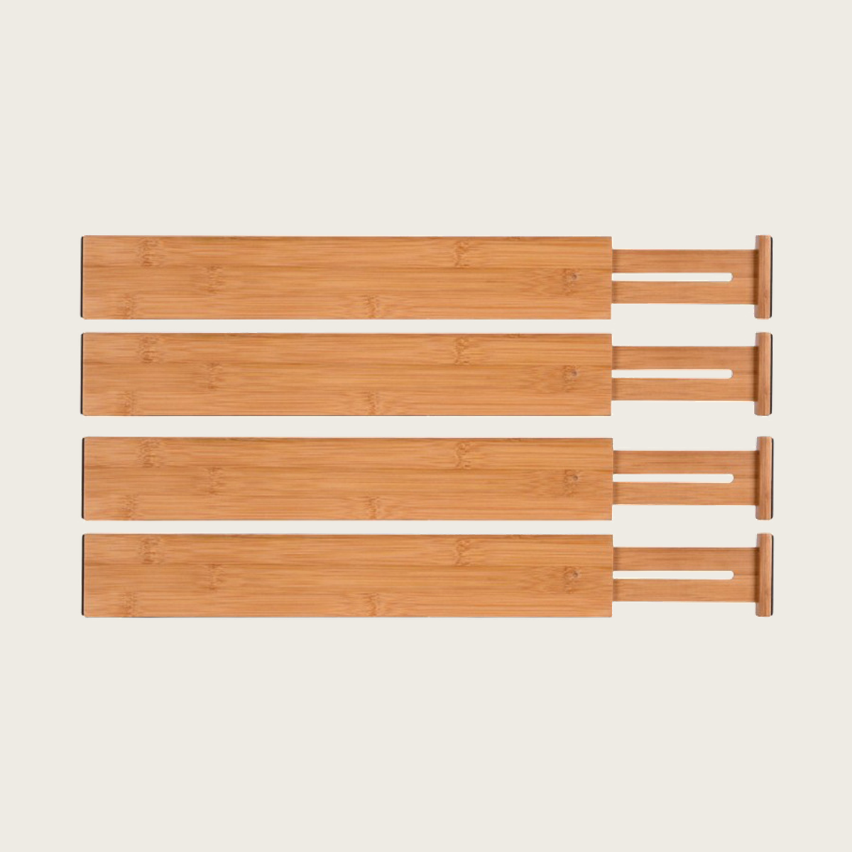 Four bamboo expandable drawer dividers with spring loaded ends