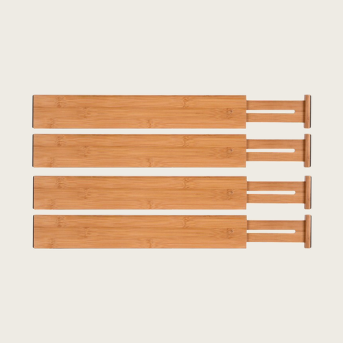 Four bamboo expandable drawer dividers with spring loaded ends