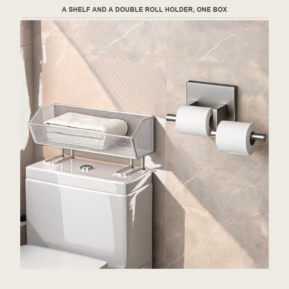 Mesh shelf and double roll holder mounted in a bathroom