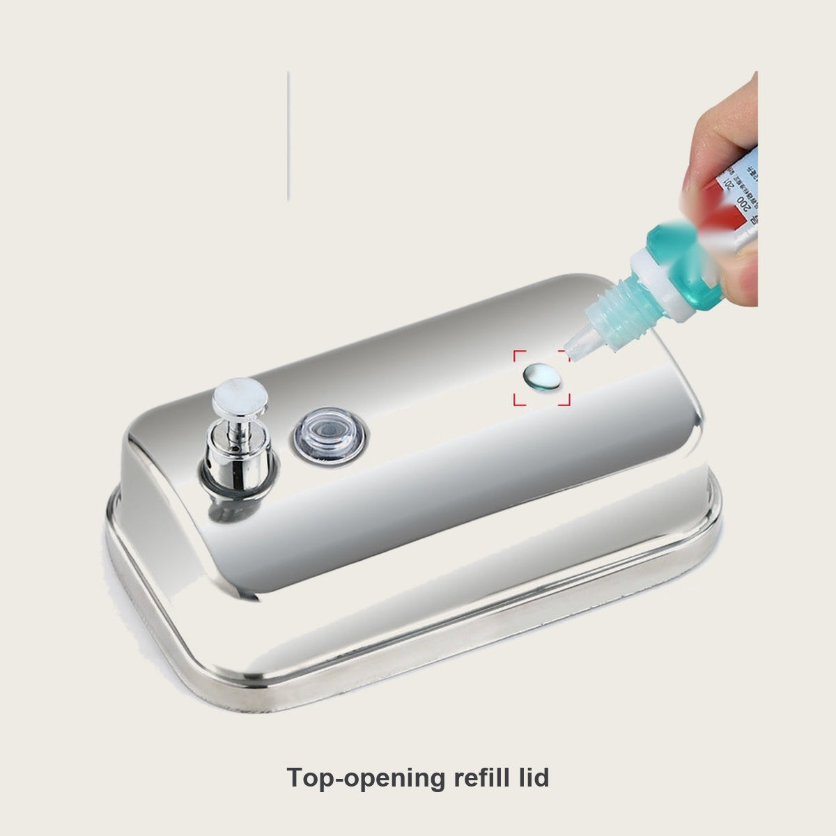 Top-opening refill lid on the wall-mounted stainless steel soap dispenser
