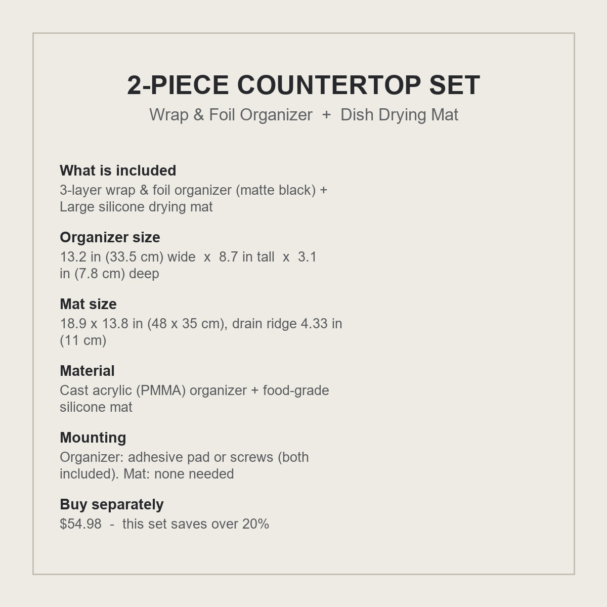 2-piece countertop set specification card - sizes, material and what is included