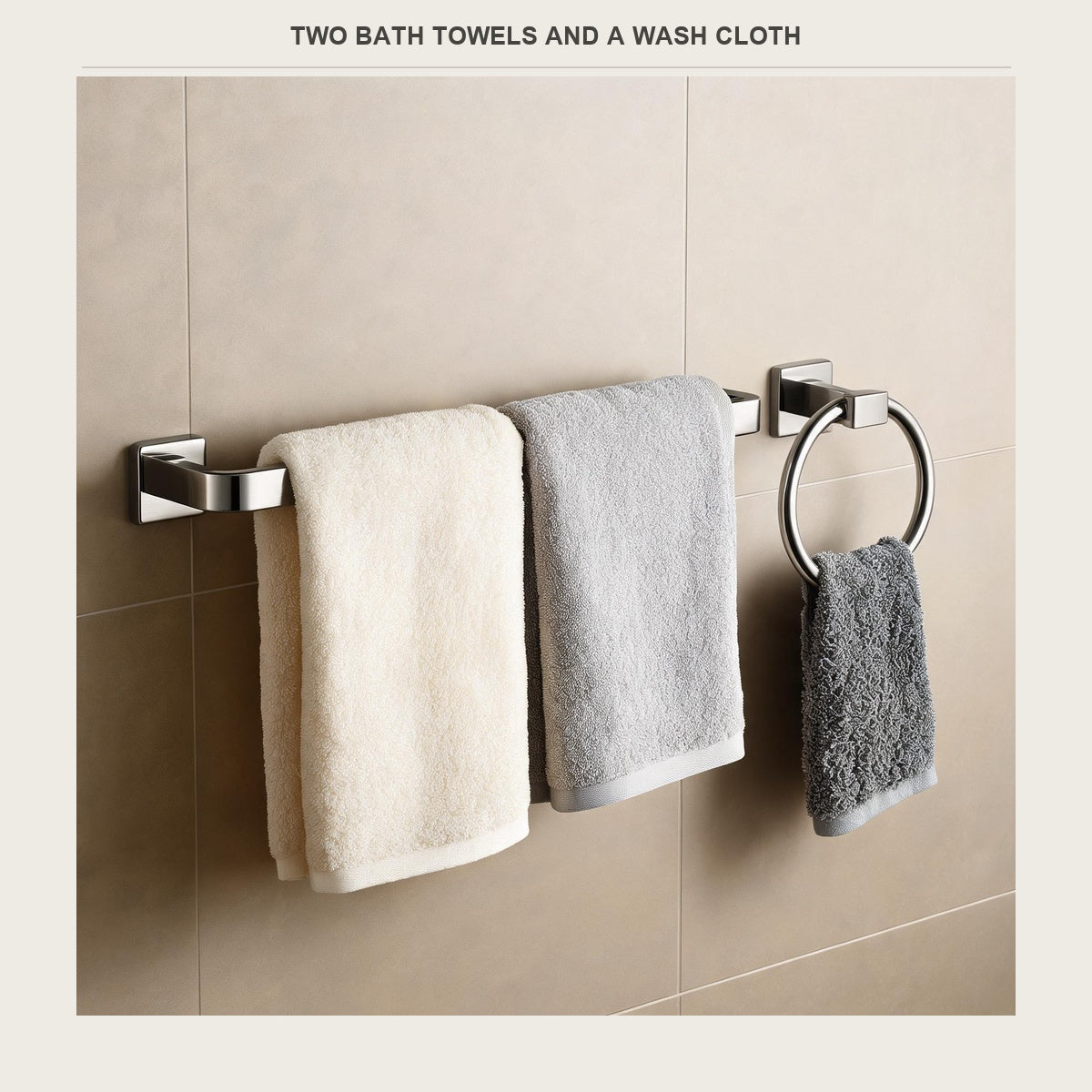 Towel bar holding two bath towels and a wash cloth