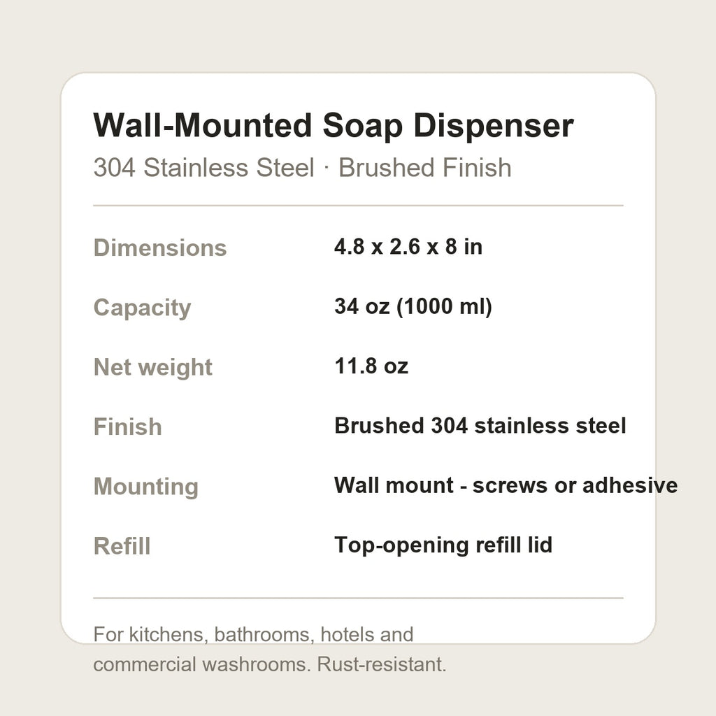 Wall-mounted soap dispenser specifications - 304 stainless steel, brushed finish