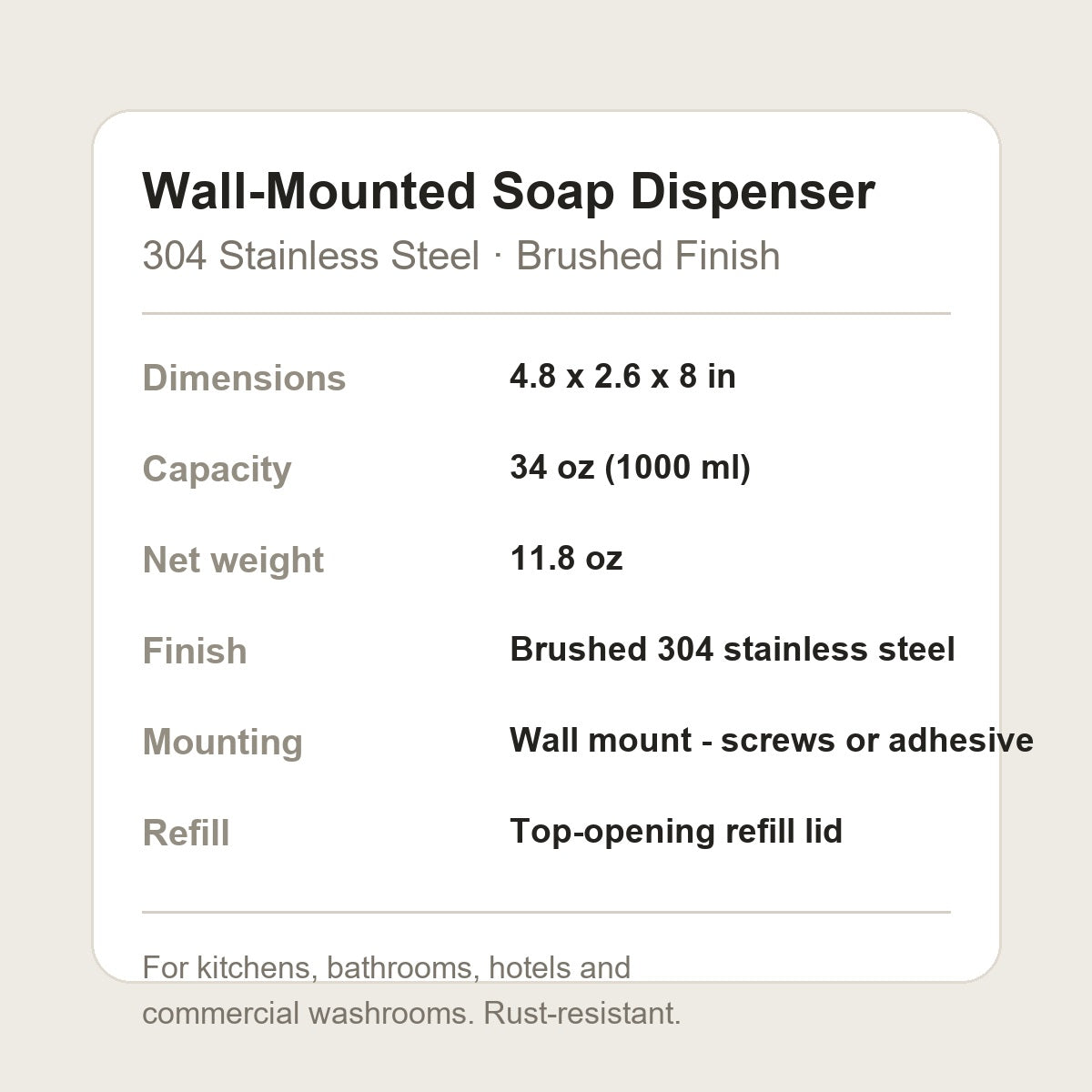 Wall-mounted soap dispenser specifications - 304 stainless steel, brushed finish
